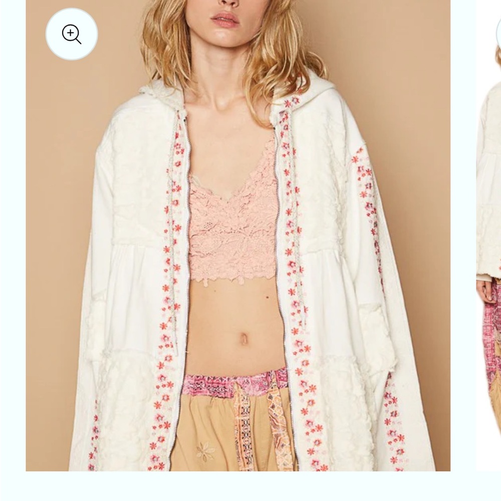 POL Hooded Lace Floral Embroidered Patchwork Oversized Bohemian Zip Jacket